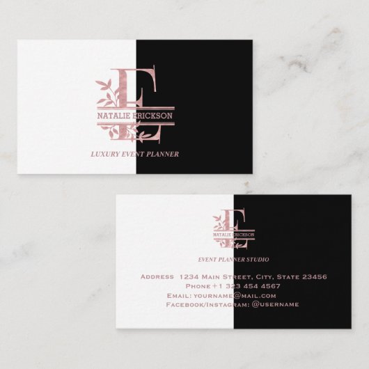 Elegant Roos Gold Split Custom Monogram Letter E Visitekaartje (Voorkant / Achterkant)