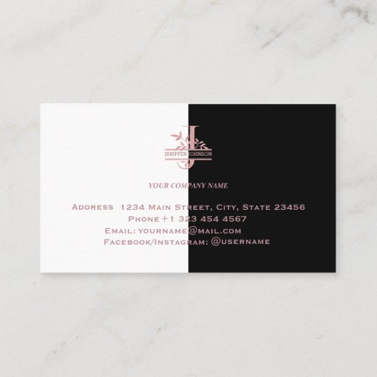 Elegant Roos Gold Split Custom Monogram Letter J Visitekaartje (Achterkant)