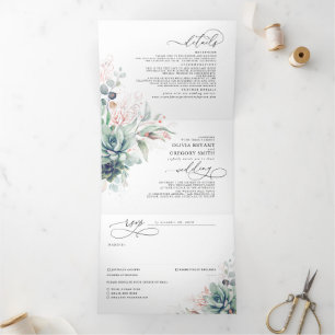 Elegant Roos Gold Succulents Greenery Wedding Drieluik Uitnodiging