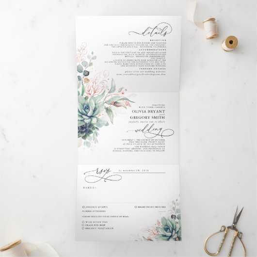 Elegant Roos Gold Succulents Greenery Wedding Drieluik Uitnodiging (Binnen)