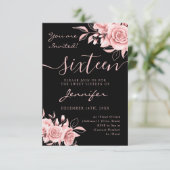 Elegant Roos Gold Sweet 16 Glitter Floral Black RSVP Kaartje (Staand voorkant)