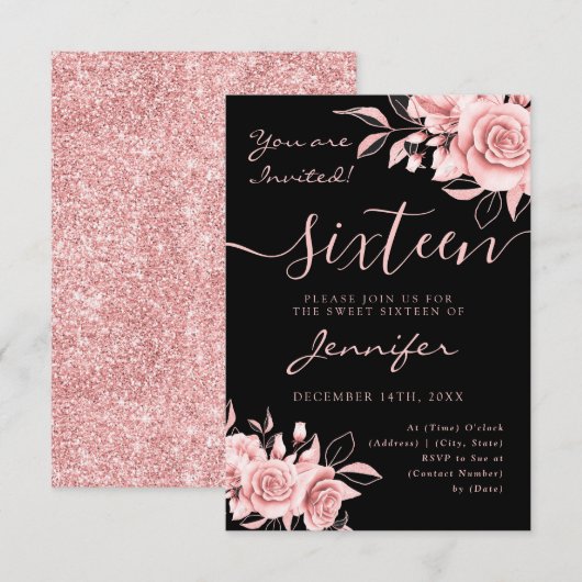 Elegant Roos Gold Sweet 16 Glitter Floral Black RSVP Kaartje (Voorkant / Achterkant)