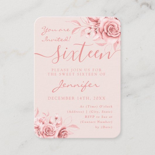 Elegant Roos Gold Sweet 16 Glitter Floral Blush  Informatiekaartje (Voorkant)