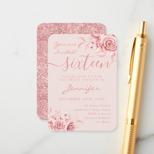 Elegant Roos Gold Sweet 16 Glitter Floral Blush  Informatiekaartje (Voorkant / Achterkant in situ)