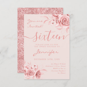 Elegant Roos Gold Sweet 16 Glitter Floral Blush  RSVP Kaartje