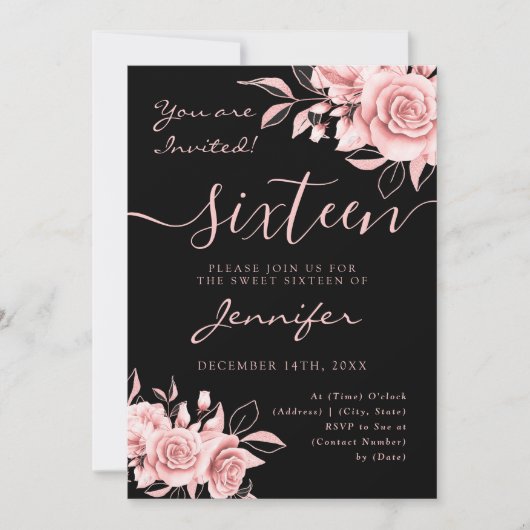 Elegant Roos Gold Sweet 16 Glitter Floral Zwart Kaart (Voorkant)