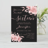 Elegant Roos Gold Sweet 16 Glitter Floral Zwart Kaart (Staand voorkant)