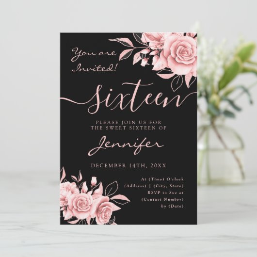 Elegant Roos Gold Sweet 16 Glitter Floral Zwart Kaart (Staand voorkant)