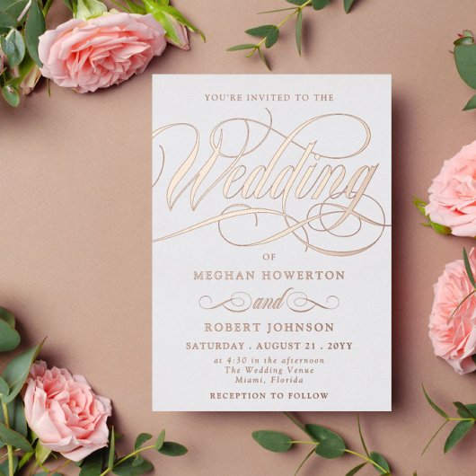 Elegant Roos Gold Swirl Calligraphy Wedding Folie Uitnodiging