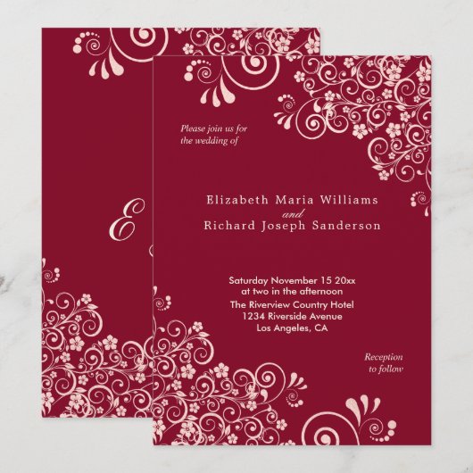 Elegant Roos Gold Swirls Burgundy Wedding Kaart (Voorkant / Achterkant)