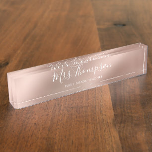 Elegant Roos Gold Teacher's Name Script Metallic Naambordje