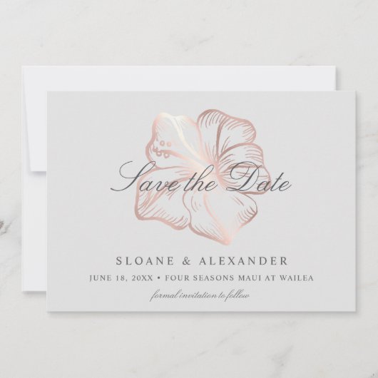 Elegant Roos Gold Tropical Hibiscus Flower Wedding Save The Date (Voorkant)