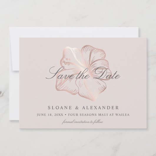 Elegant Roos Gold Tropical Hibiscus Flower Wedding Save The Date (Voorkant)