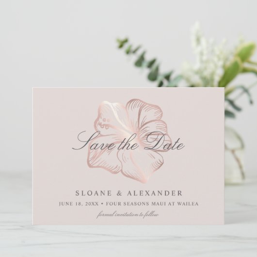 Elegant Roos Gold Tropical Hibiscus Flower Wedding Save The Date (Staand voorkant)