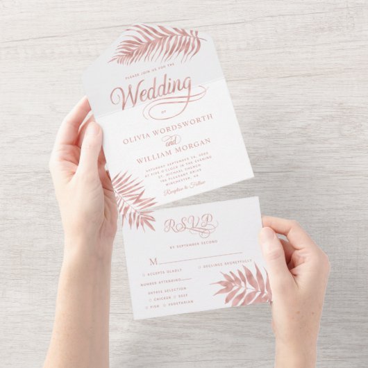 Elegant Roos Gold Tropical Wedding All In One Uitnodiging (Afscheurbaar)
