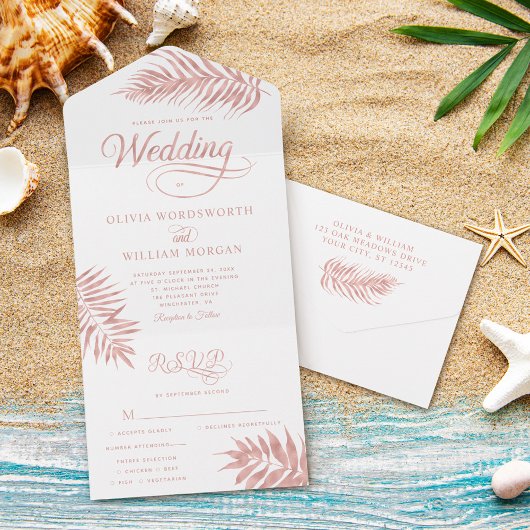 Elegant Roos Gold Tropical Wedding All In One Uitnodiging