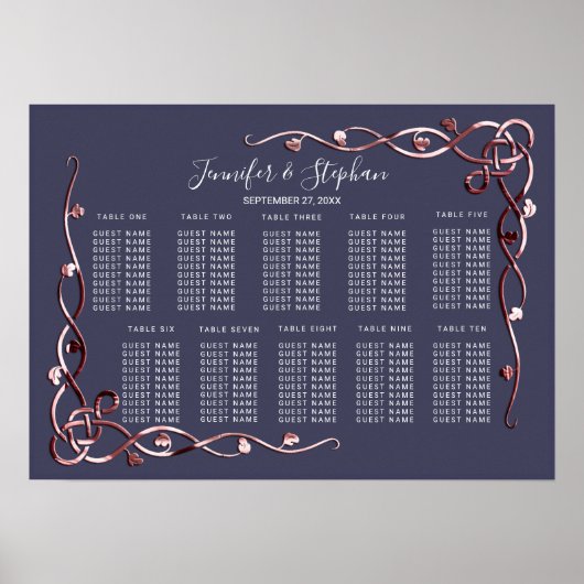 Elegant Roos Gold Vines Navy Blue Seating Chart Poster (Voorkant)