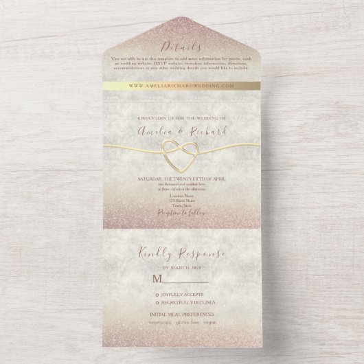Elegant Roos Gold Wedding All In One Uitnodiging (Binnen)