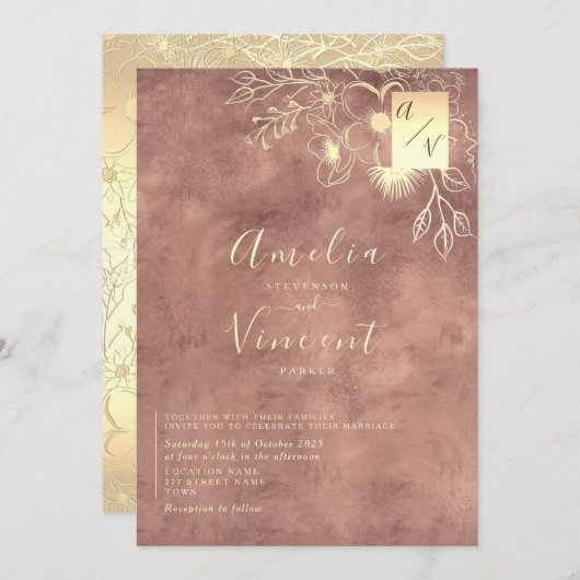 Elegant Roos Gold Wedding Kaart (Voorkant / Achterkant)