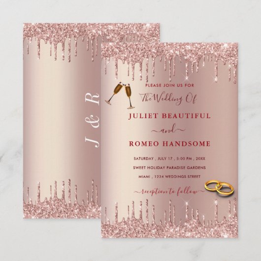 Elegant Roos Gold Wedding Uitnodiging Glitter Driv (Voorkant / Achterkant)