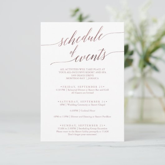 Elegant Roos Gold Wedding Weekend Event Informatiekaartje (Staand voorkant)