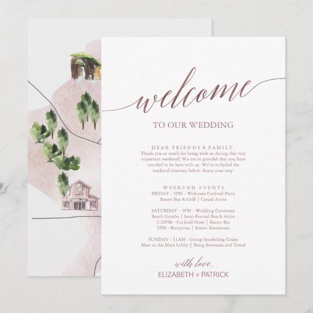 Elegant Roos Gold Welkomstbrief Reisroute en Kaart (Voorkant / Achterkant)