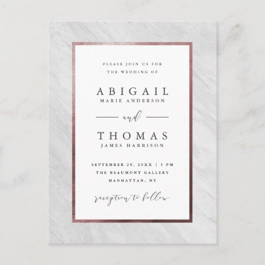 Elegant Roos Gold & White marble Wedding Uitnodiging Briefkaart (Voorkant)