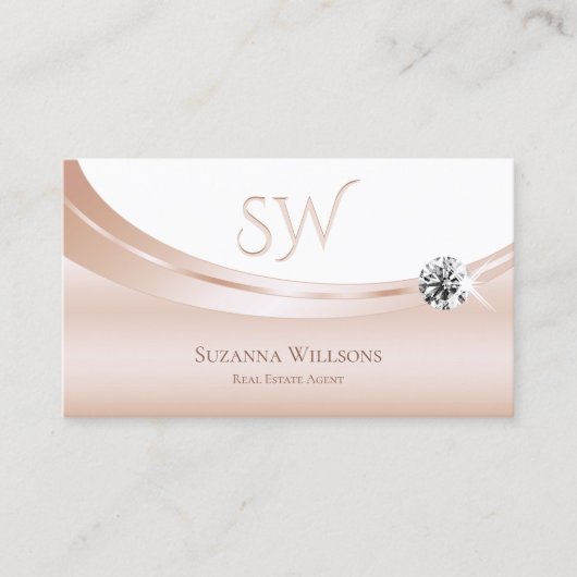 Elegant Roos Gold White met monogram en diamant Visitekaartje (Voorkant)