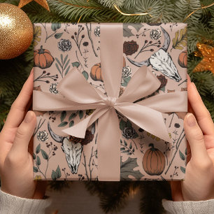 Elegant Roos Gotische Herfst Oogst en Koe Schedels Cadeaupapier
