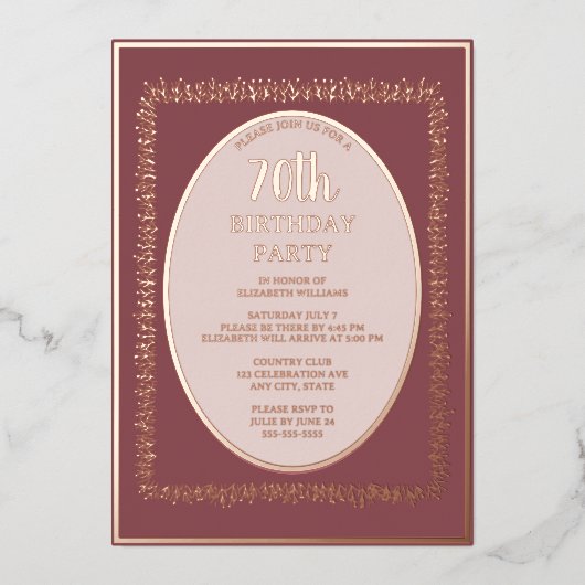 Elegant Roos Goud 70e Aangepaste Verjaardag Party Folie Uitnodiging (Voorkant)