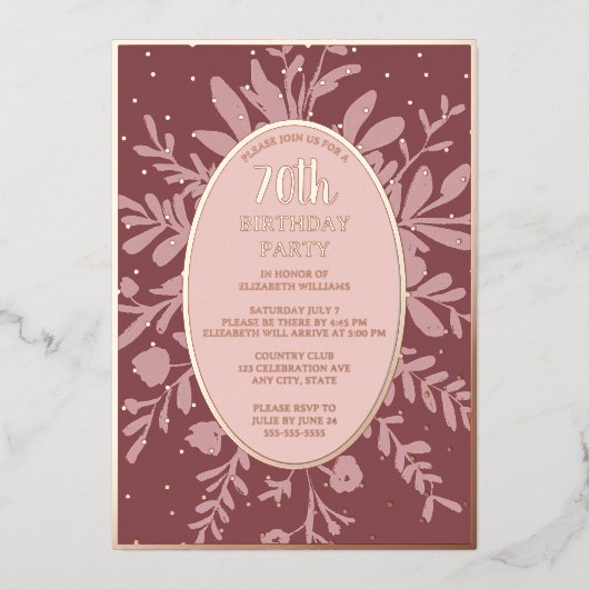 Elegant Roos Goud 70e Aangepaste Verjaardag Party Folie Uitnodiging (Voorkant)