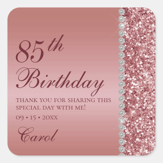 Elegant Roos Goud 85e Verjaardag Dank U Vierkante Sticker (Voorkant)