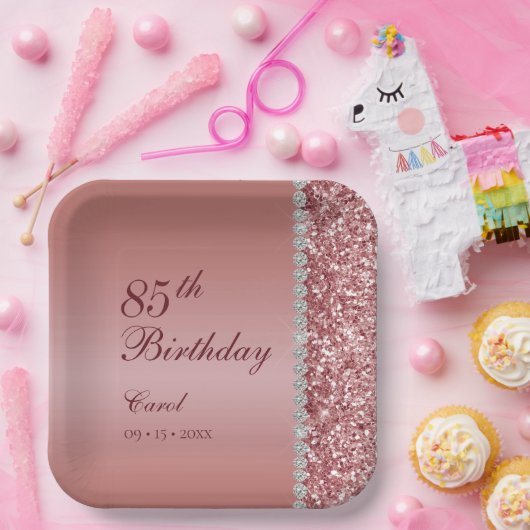 Elegant Roos Goud 85ste Verjaardag Papieren Bordje (Feest)