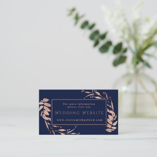 Elegant Roos Goud Bladgroen op Marinebruiloft Webs Informatiekaartje (Staand voorkant)