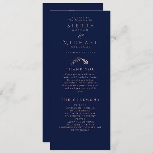 Elegant Roos Goud Blauw Blauw Blauw Bruiloft Programmakaart (Voorkant / Achterkant)