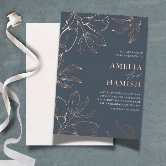 Elegant Roos Goud & Blauw Bloemen Bruiloft Folie Uitnodiging