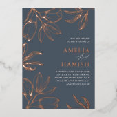 Elegant Roos Goud & Blauw Bloemen Bruiloft Folie Uitnodiging (Voorkant)