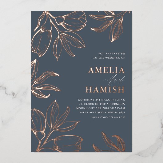 Elegant Roos Goud & Blauw Bloemen Bruiloft Folie Uitnodiging (Voorkant)