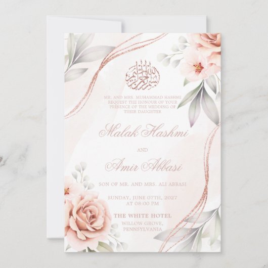 Elegant Roos Goud Bloemen Islamitisch Moslim bruil Kaart (Voorkant)