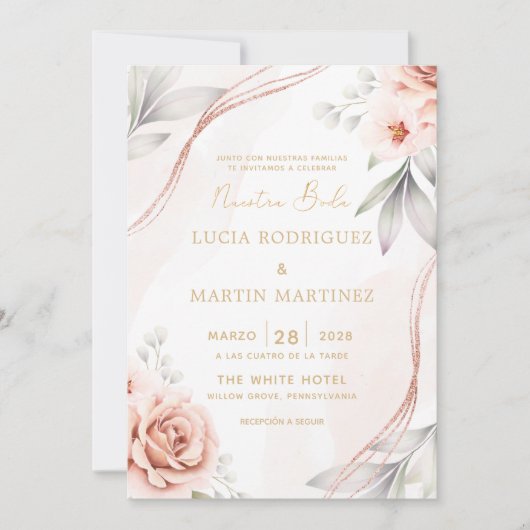 Elegant Roos Goud Bloemen Nuestra Boda Kaart (Voorkant)