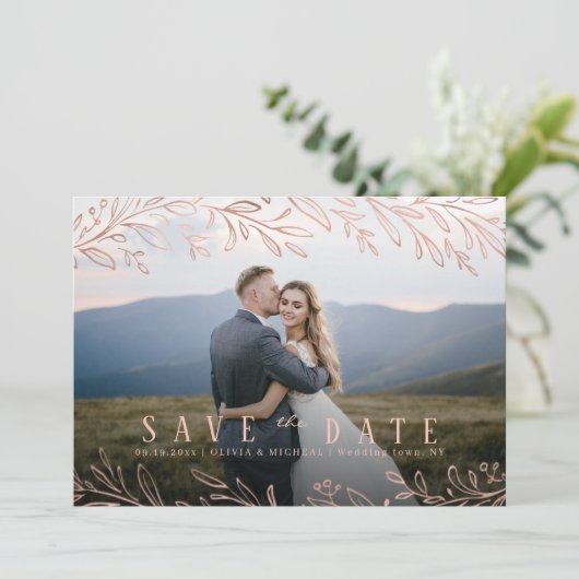 Elegant roos goud botanische foto behalve datum kaart (Staand voorkant)