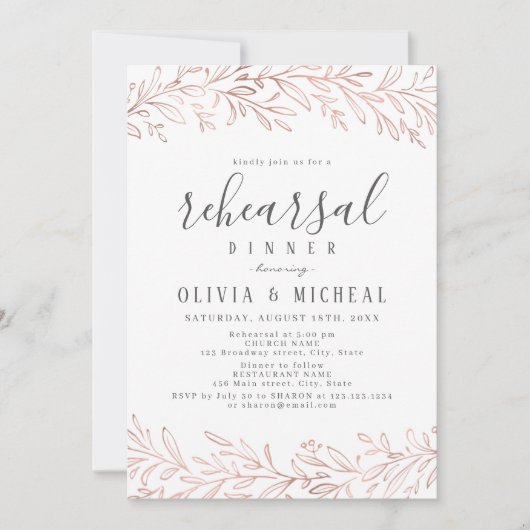 Elegant roos goud botanische repetitie diner kaart (Voorkant)