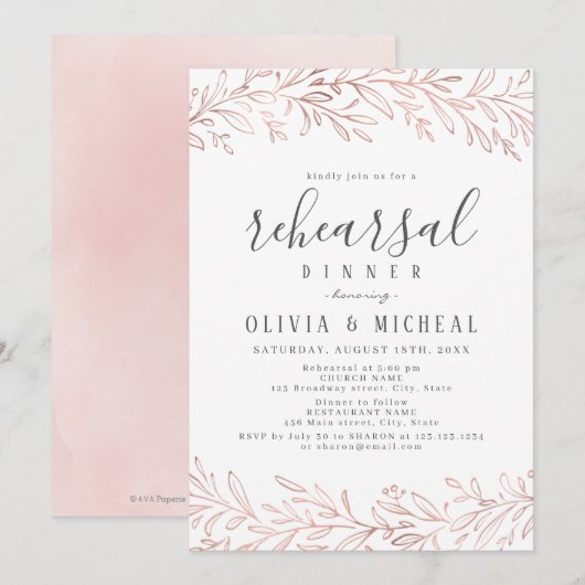 Elegant roos goud botanische repetitie diner kaart (Voorkant / Achterkant)