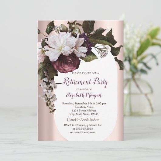 Elegant Roos Goud Bourgogne Bloemen Pensionering Kaart (Staand voorkant)