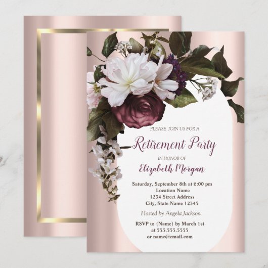 Elegant Roos Goud Bourgogne Bloemen Pensionering Kaart (Voorkant / Achterkant)