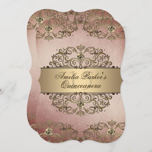 Elegant Roos Goud  Damask Quinceanera Kaart (Voorkant / Achterkant)