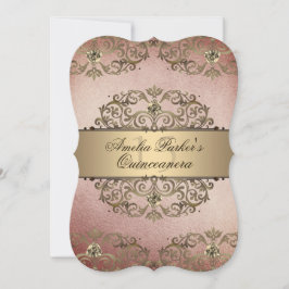 Elegant Roos Goud  Damask Quinceanera Kaart