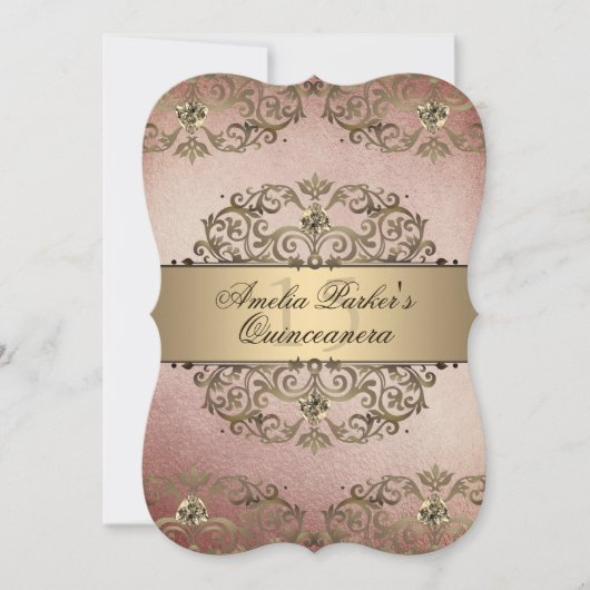 Elegant Roos Goud  Damask Quinceanera Kaart (Voorkant)