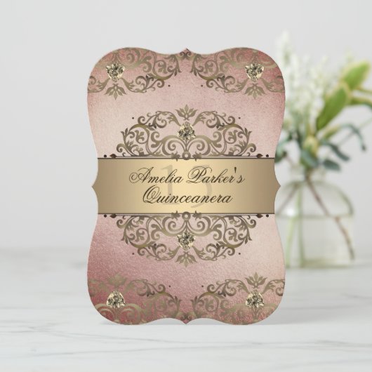 Elegant Roos Goud  Damask Quinceanera Kaart (Staand voorkant)