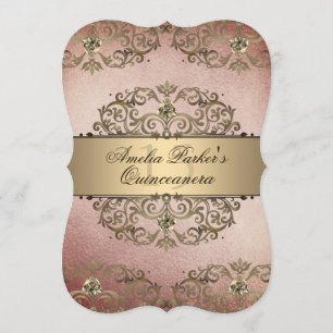 Elegant Roos Goud  Damask Quinceanera Kaart